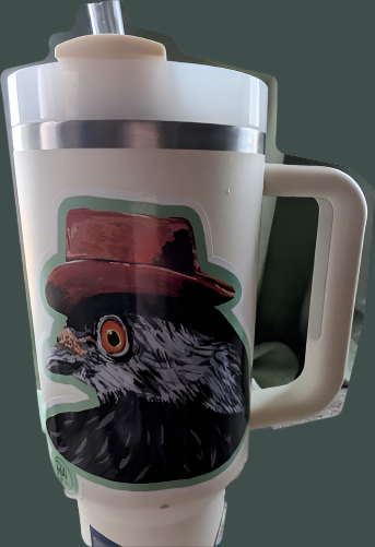 Travel mug with a decorative sticker design of a bird wearing a hat